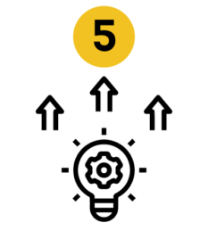 Picto noir sur cercle blanc d'une ampoule avec le numéro 5 centré au dessus sur cercle jaune